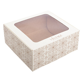 Коробка-посылка с окном "Vintage" молочная ОПТ с лого 18х18х7,5